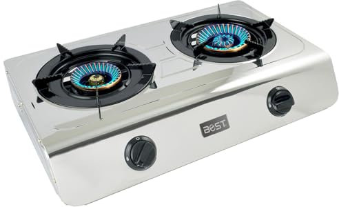 Hornillo de gas doble 2 quemadores 3.4/4.3 kW, encendido piezoeléctrico sin pilas, acero fácil de limpiar. Portátil, independiente, ideal para interiores, exteriores, caravanas, camping. Potencia
