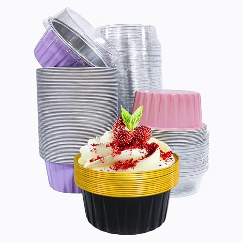 50PCS Mixed color Disposable Ramekins with lids,5oz Aluminium Foil Baking Cups Creme Brulee Mini cake pans, Cheesecake Pans Flan Molds Tin Cups Containers for Party (Mixed color with Lids 50PCS)
