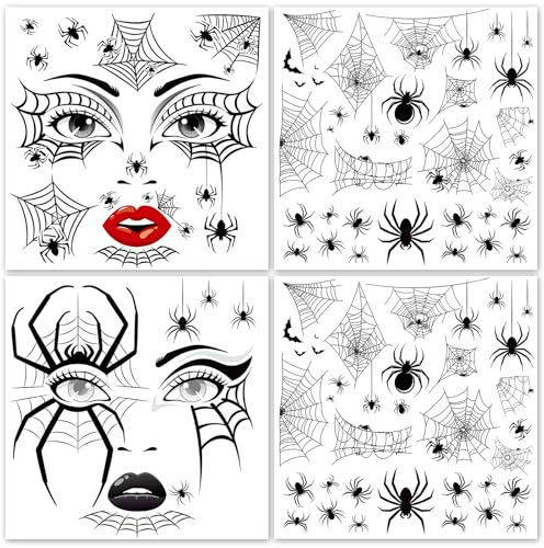 HOWAF 4 Bogen Halloween Tattoo Gesicht, Spinnen Tattoo Gesicht Spinnennetz Temporäre Tattoos Gesichtstattoo Karneval Face Tattoo für Halloween Spinnen Kostüm, Karneval Fasching Kostüm