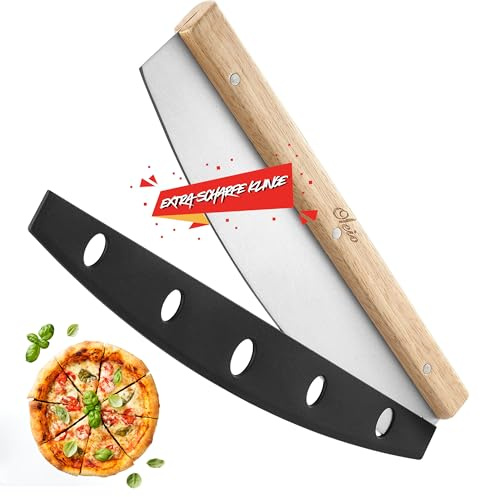 OLEIO Pizzaskärare 35 cm i rostfritt stål | Professionell gungkniv med extra vass klinga, effektivare än pizzahjul | Inklusive bladskydd och handtag i gummiträ | Pizza cutter