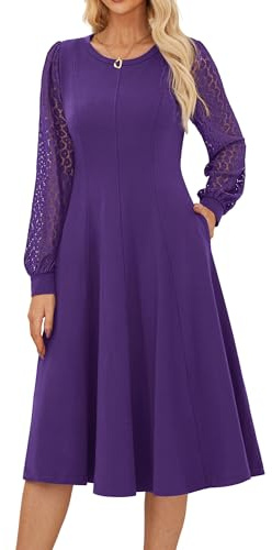 GRACE KARIN Robe Femme Manches Longues Col Rond Coupe A-Line Mi-Mollet, Tissu Contraste et Poignets en Dentelle, pour Tenue de Bureau ou Soirée