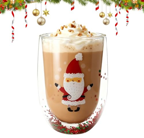 Kertaym Doppelwandiges Weihnachtsgläser Mit Pailletten, 300ml Verbrühungsschutz Weihnachtstasse, Mit Weihnachtsbaum-Muster & Glitzer-Effekt, Wichtelgeschenke Für Kollegen (D)