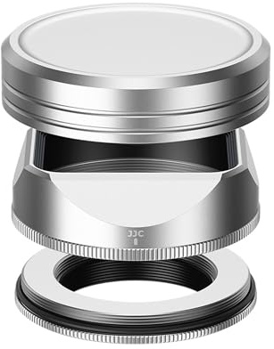 JJC Metallobjektivblende und Objektivdeckel kompatibel mit Fujifilm X-E5 | XF 23 mm f/2,8, XF 27 mm f/2,8 R WR, XF27 mm f/2,8, Ausführung mit Adapterring, für Ø39mm Filter, ersetzt LH-XF27, Silber