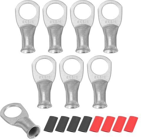 sourcing map 8pcs 8AWG M10 Battery Lugs Ring Terminals 3/8 10mm,Silver | Copper Connector End,Stud Crimp Wire Terminal,2:1 Heat Shrink Tubing, Silver
