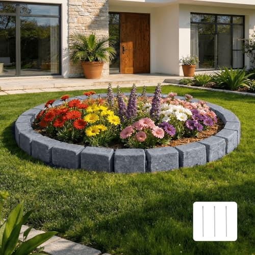 VEVOR Borde de Jardín Efecto de Piedra 1190 x 100 x 155 mm, Bordura Jardín Exterior, Sección de 6 Ladrillos, con Estacas de Fijación, Plástico, Borde Decorativo para Patio Césped Flores Estanque, Gris