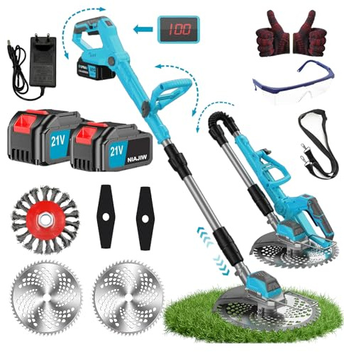 Rasentrimmer mit Akku 21V Freischneider mit 2x4.0 Ah Batterien Und LadegeräT 20000U/min Bürstenloser Motor 3 in 1 Rasenkantenschneider Klappbarer Teleskopierbarer Griff füR Garden Trimmen Blau