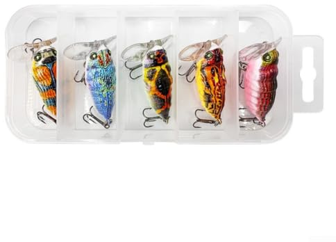 Topwater Cicada Wobbler Lot de 5 leurres avec yeux 3D et perles sonores pour pêche au bar Doré