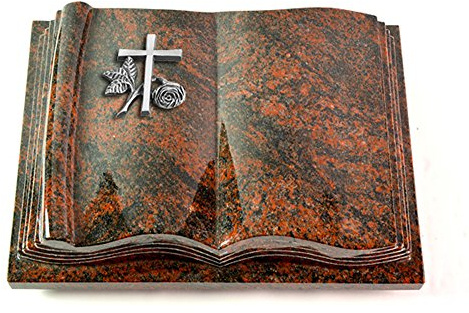 MEMORUM Grabmale Grabbuch, Grabplatte, Grabstein, Grabkissen, Urnengrabstein, Liegegrabstein Modell Antique 40 x 30 x 8-9 cm Aruba-Granit, poliert inkl. Gravur (Aluminium-Ornament Kreuz 1)