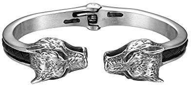 JewelryWe Schmuck Herren Armreif, Gegenüber Wolf Wolfskopf/Drache Drachenkopf Biker Offen Armband Wikinger Armspange, Edelstahl Leder, Schwarz Silber