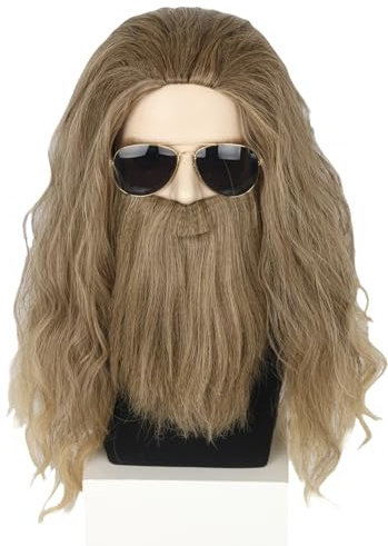 Topcosplay Perücke mit Bart Herren Lang Gelockt Aschblond Perücke Halloween Kostüm Perücken