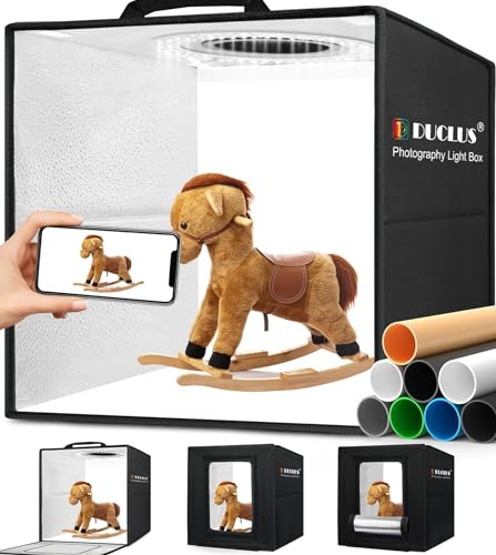 DUCLUS Boîte à Photo 30x30cm, Portable Box Photo Studio avec 112pcs LED Lumière Réglable, 6 Fond Lisse en PVC pour Photographie Produit Bijoux/Cosmétique/Nourriture [Classe énergétique E]
