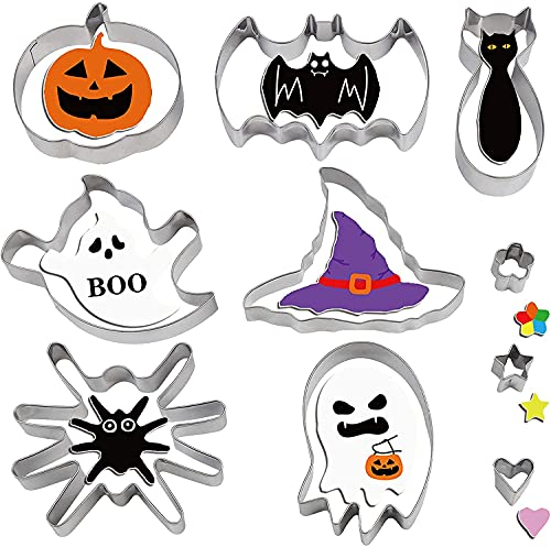 VEYLIN Halloween Cookie Cutter, 10 Piece Biscuit Cookie Cutter - Pumpkin, Bat, Ghost, Witches Hat, Stainless Steel Cutter