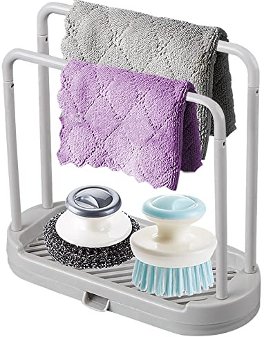 MUUBOOX Kitchen Sponge Holder Dishcloth Hanger, Kitchen Sink Rack Tray Organizer Stand for Sponge, Dish Cloth, Rag, Brush, Scrubber Storage and Organization (Grey)
