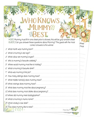 Pink Bee Parties Who Knows Mummy Best - Safari Theme Baby Shower Game - 20 Players
