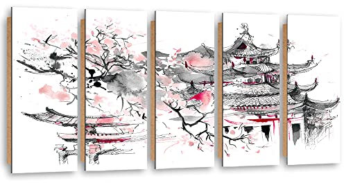 Feeby Tableau XXL 100x40 cm Cerisier en fleurs Pagode Japon 5 pièces Image Moderne Tableau Déco Mural Salle De Séjour Oriental Asie Est rose