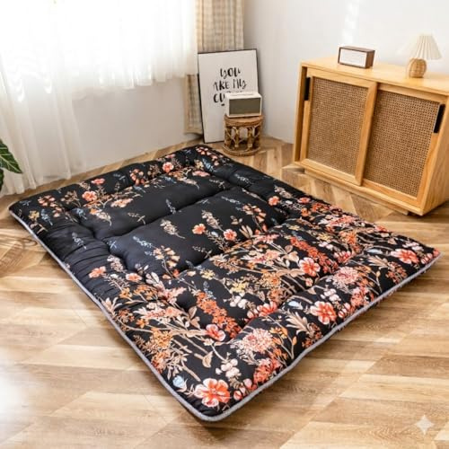 MAXYOYO Materasso giapponese per futon, tappetino per letto in tatami spesso, pieghevole, arrotolabile, per dormitorio, per letto (nero, floreale, king size)