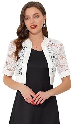 Allegra K Cardigan da donna in pizzo con pannello aperto sul davanti, bolero in raso per le donne, bianco, M