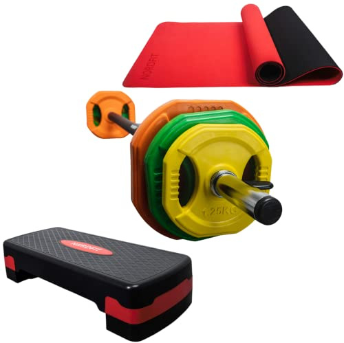 NORDFIT - 20kg Barbell Weights Set - Studio Pump Weights Bundle - With Yoga Mat and Fitness Exercise Step - Home Exercise Gym Equipment
