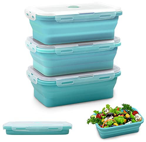 Alimat PluS Silicone Food Storage Containers, 3 Pack Set 28oz/800ml Collapsible Food Storage Containers with Lids(Blue)
