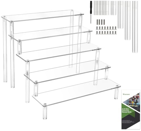 Worown Acrylic Riser Shelf, 5-Tier Clear Display Stand, Clear Display Riser Shelf for Cupcake, Trophy, Perfume, Figures, Cosmetics, Jewelry, Collections and Party Desserts