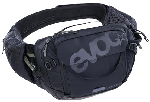 EVOC HIP PACK PRO 3 + HYDRATION BLADDER 1,5, Hüfttasche (AIR FLOW CONTACT SYSTEM, AERO FLEX Hüftgurt, inkl. 1,5l Trinkblase und Flaschenhalter, One Size), Schwarz