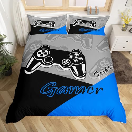 Jeux pour garçons Housse de Couette Jeux vidéo pour Adolescents literie Gaming pour Enfants Parure de Lit 200x200 Jeux Literie de jeu Ensemble de décoration Gamer 3 taies d'oreiller Bleu Noir Gris