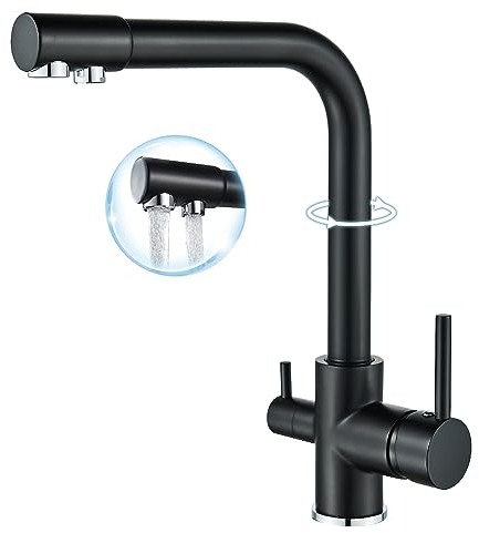 ROVOGO 3 in 1 Black Kitchen Sink Mixer Tap with Drinking Filtered Water Outlet, Twin Lever Swivel Spout Monobloc Tap with 3 Hoses, High Arc Faucet