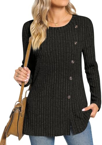 TAOHUADAO - Maglione da donna a maniche lunghe con collo tondo, top a tunica con bottoni laterali, casual, per leggings, maglione autunnale, Nero , S