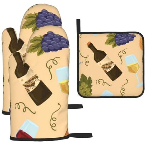BTCOWZRV Oven Mitts and Pot Holders 3 Pcs Set Wine Bottle Grape Glass Heat Resistant Oven Mitt Oven Gloves for BBQ Non-Slip Pot Holders Oven Glove for Baking Cooking Oven