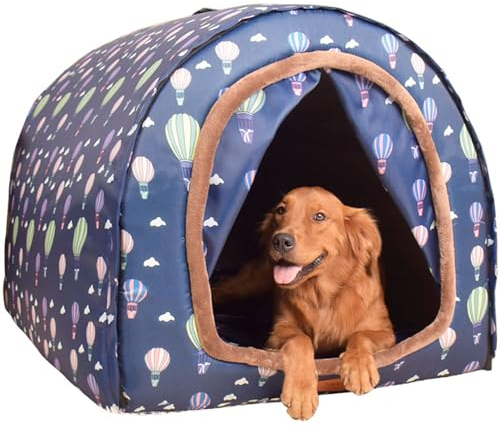 HAZARA Haustierbett, Großer Hundehütte mit Vorhang, Innen Warm Hundehütte Vier Jahreszeiten Hundehöhle Iglu Haus Waschbar Faltbare Haustier Kissen,XL76*55 * 51cm