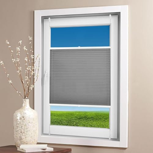 Faltrollos Für Fenster 35 x 140 cm Einfache Montage, Pflegeleicht Faltrollo Plisseerollo Inkl. Aller Montage-Teile für Schlafzimmer, Hellgrau