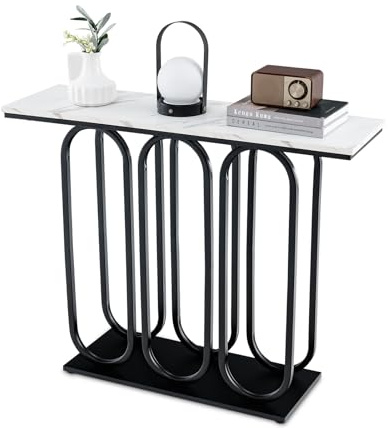 COSTWAY Table Console, Console Meuble Entrée en Faux Marbre, Design Ovale Moderne, Cadre en Métal Noir, Kit Anti-Basculement Inclus, pour Entrée, Couloir, Salon, 100 x 30 x 80 cm