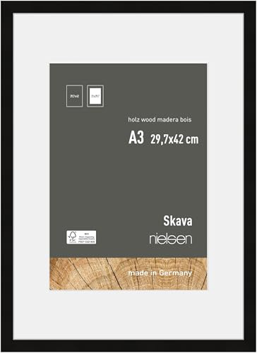 nielsen Holz Bilderrahmen Skava, 29,7 x 42 cm (A3), Schwarz | Holz Posterrahmen mit Passepartout im Hoch- & Querformat zum Aufhängen Schwarz matt Echtglas
