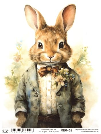 Josys Bastelmärchen Reispapier A4 Strohseide Decoupage Ostern Hase in Vintage Anzug RE6452