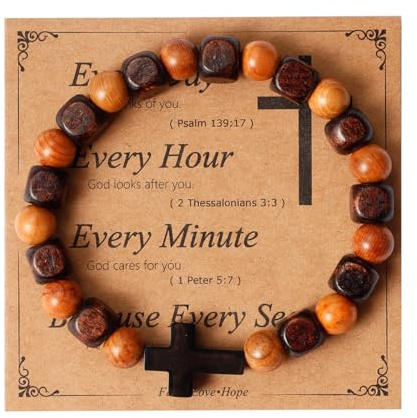Eigso 8 mm Natural Sequoia Mala Wood Beaded Link Bracelet for Men Women Stainless Steel Christian Cross Wristband Gift for Man Woman