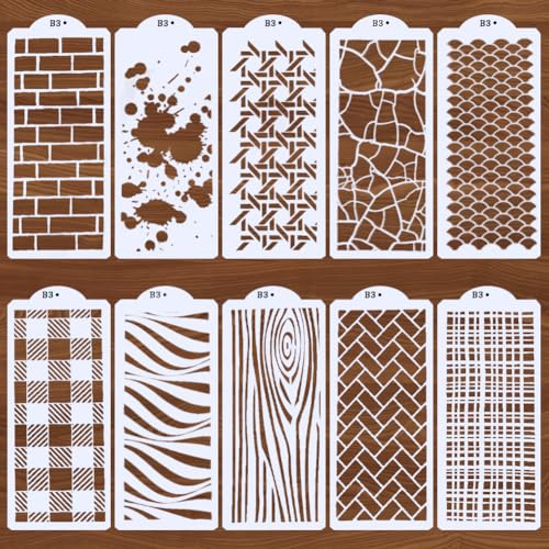 GORGECRAFT 10pz Mixed Media Art Texture Stencil Plastica Riutilizzabile Mattone Splash Stripe Modello Astratta A Strati Bordo Stencil per Dipingere su Legno Parete Mobili Torta Decorativa 26.3x11.25cm