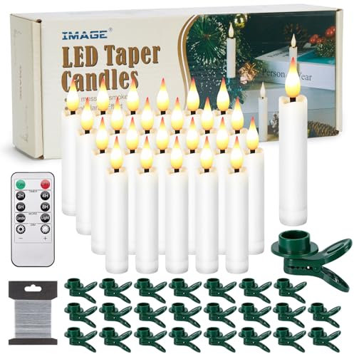 IMAGE LED Taper Candles Light Set Battery Operated Floating Candles Flameless 3D Wick Ivory Candles with Clip-on, 10-Key Remote with Timer, Party Table Christmas Tree Deco, Warm White Light (24)