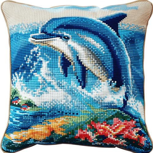 RKFLGEW Knüpfhakenset Delfin Tierkissen Stickset Unterwasserlandschaft Knüpfhakensets Kissen Diy Handarbeit Kissen Häkelgarn Stickset Kissenbezug 43x43cm