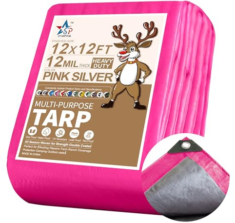 STARPYNG-12 Mil Pink/Silver 12x12 Feet Tarp-Heavy Duty Poly Tarp-Cover,Waterproof, UV Resistant, Weather Resistant, Cover Cars, Boats, Courtyards,Camping