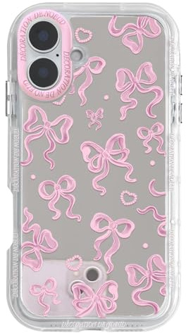 NITITOP Cover per iPhone 16 Carina Cute con Fiocco Design Specchiato per Ragazze Femminile Cuori Effetto Lucido Custodia con Antiurto - Rosa Fiocco