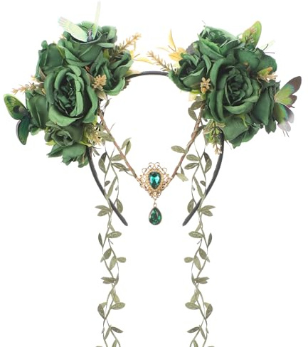 MOSTORY Waldfeen Kopfschmuck Elfen Stirnband für Renaissance, Grüne Blumenkranz mit Schmetterling Große Rose und Quaste für Cosplay Karneval