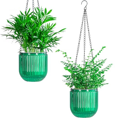 Josteve Macetas colgantes de 5.3 pulgadas, 2 piezas de riego automático, macetas de interior con agujeros de drenaje, macetas colgantes para exteriores, nivel de agua visible, colgador de plantas