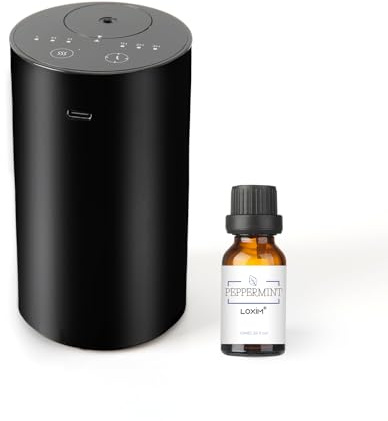LOXIM Waterless Portable Diffuser with Peppermint Essential Oil, Aromatherapy Diffuser with Battery Operated, 3 Cold Mist, Timer 1/2/3H, for Cars, Home, Office, Bedroom, Spa, Travel (Black)