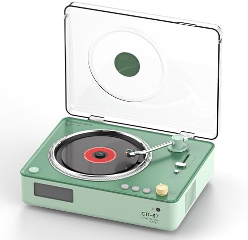 CD Player with Stereo Speakers, Retro Portable CD Players for Home, Bluetooth Transmitter,AUX Output, USB Mode and TF Card Support, Headphone Output and Remote Control (Green)