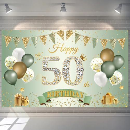 50. Geburtstag Banner Frauen Männer Deko Grün Gold 50 Hintergrund Banner 50 Jahre Geburtstagsbanner Extra Große Stoff Schild Poster für 50 Geburtstag Party Deko
