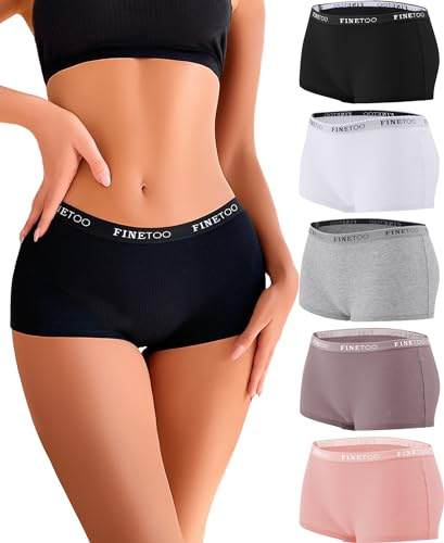 FINETOO 5 Pack Boxer Shorts Women's Underwear Cotton Briefs Breathable Shorts Ladies Cotton Panties Hipsters Soft Women Multi Pack S-XL