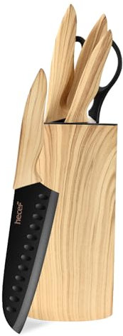 hecef Set Coltelli Cucina 6 Pezzi con Ceppo Universale, Acciaio Inox di Qualità, Coltello Chef & Santoku, Extra Affilato, Manico Ergonomico Antiscivolo, Effetto Legno D’Ulivo, Casa e i Regali