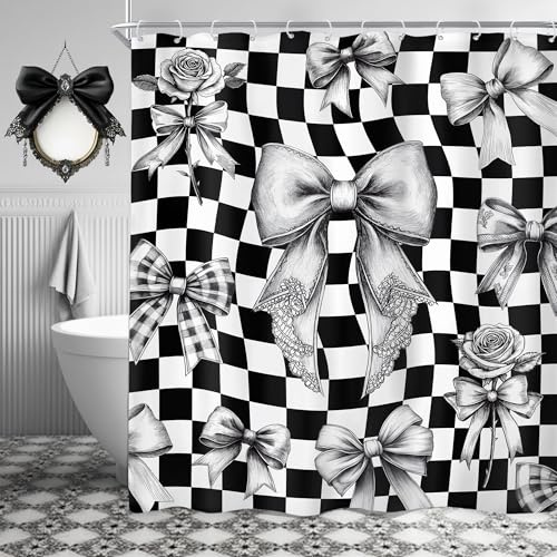 Newsely Cortina de ducha con lazo blanco y negro de 152 cm de ancho x 182 cm de largo, bonito lazo, coqueta, a cuadros, para niñas y mujeres, juego de baño moderno y estético, impermeable, accesorios