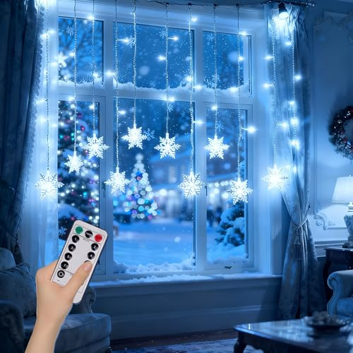 Lamptobe Luces de Cortina Navideñas, Luces de Cortina de Copos de Nieve Alimentadas por USB de 2 M con Control Remoto 8 Modos de Iluminación 103 LED Función de Temporizador, Blanco Frío 6000K