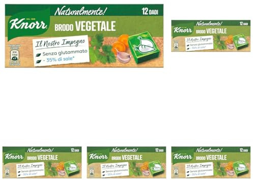 Knorr Brodo Vegetale Naturalmente!, Dadi di Brodo con -35% di Sale*, Basso Contenuto di Grassi, Senza Glutine, Coloranti e Conservanti, Ideale per Dieta Povera di Sodio, 12 Dadi (Confezione da 5)